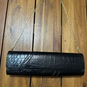 Carlos Falchi Black Croc-Embossed Fatto a Mano Clutch with Gold Chain